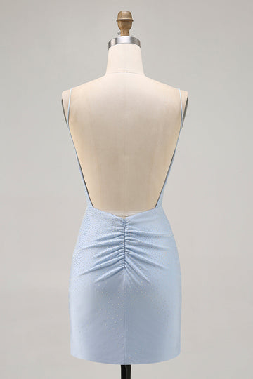 Blue Beaded Spaghetti Straps Bodycon Cocktail Dress